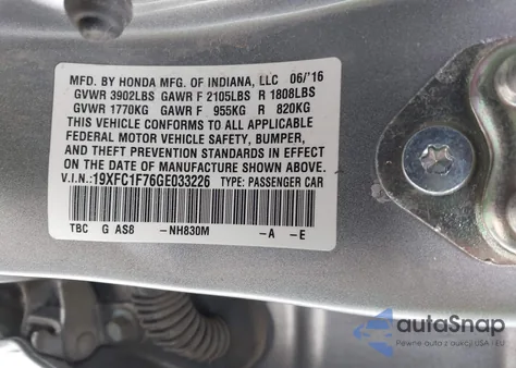 2016 Honda Civic Ex-L из США, поврежденный, VIN 19XFC1F76GE033226